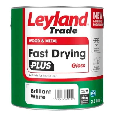 Image of Leyland Trade Wood &amp; Metal Fast Drying Plus Gloss Brilliant White Enhanced Durability Excellent Flow Professional Finish 2.5L
