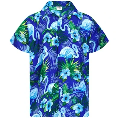 Image of King Kameha Mens Flamingo Flowers Short Sleeve Hawaiian Shirt Novelty Summer Vibes, Flowers, Blue Turquoise, M