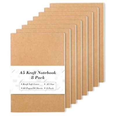 Image of feela 8 Pack Kraft Notebooks A5, 60 Pages Lined Notepad Journal Bulk, Soft Brown Cover Multipack for Students Travelers Making Plans, Writing Memos Office School Supplies, 14X21cm