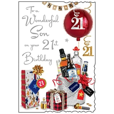Image of Jonny Javelin Wonderful Son 21st Birthday Card Age 21 Balloons Presents Ice Bucket