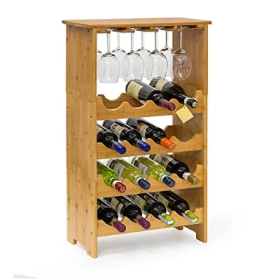 Image of Relaxdays Bamboo Wine Rack 84 x 50 24 cm Bottle Holder with Glass Holder, For 16 Bottles And 12 Glasses, Natural Brown