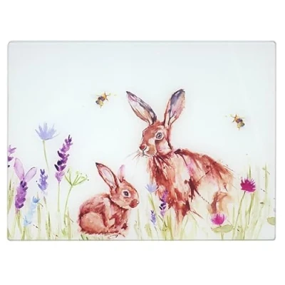 Image of LESSER &amp; PAVEY Hares Toughened Glass Cutting Chopping Board Serving Bees Floral Nature Pattern