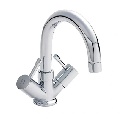 Image of nuie FJ317 Series Two ǀ Modern Bathroom Economy Swivel Spout Mono Basin Mixer Tap with Lever Handles and Push Button Waste, 142 x 220 162mm, Chrome
