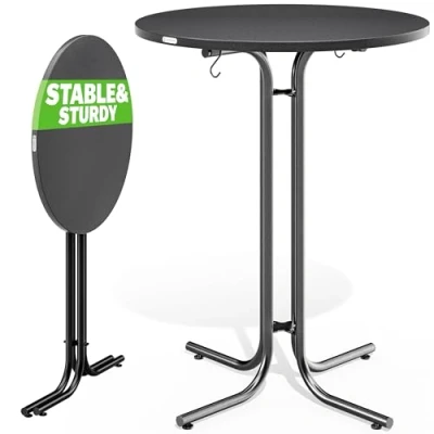 Image of CASARIA® Foldable Round Bar Table 70 x 110cm Sturdy Garden High with Wooden Top and Powder Coated Metal Frame Bistro &amp; Party Grey