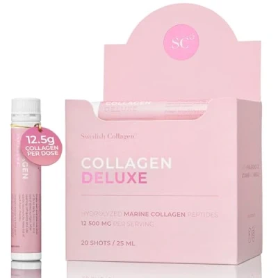 Image of Swedish Collagen Deluxe 20 Shots I 12500 mg Hydrolyzed Marine (Type &amp; III) Hyaluronic Acid, Biotin and Vitamin C for fine Lines Wrinkle Sugar Free Day Supply