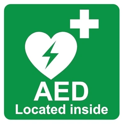 Image of AED located inside first aid safety sign Self adhesive sticker (100mm x 100mm)