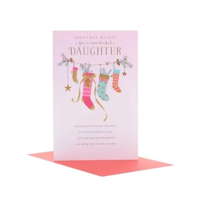 Image of UK Greetings Christmas Card for Daughter Pink Stockings Design