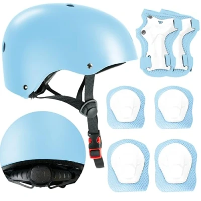 Image of Kids Bike Helmet with Knee &amp; Elbow Pads Set Multi Sport for Ages 3 12 Toddler, Boys Girls Protective Gear Cycling, Skating, Scooter Adjustable Design Light Blue