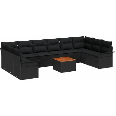 Image of vidaXL 11 Piece Garden Sofa Set with Cushions Black Poly Rattan Acacia
