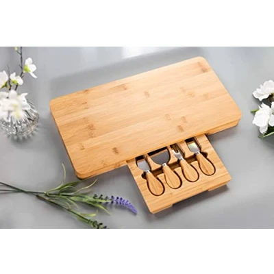 Image of HomeZone Deluxe Bamboo Cheese Board and Knife Set Charcuterie Gift for Meat, Vegetables Premium Chopping Kitchen, House, Home Use.