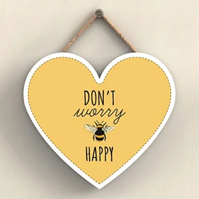 Image of Global Designs Don&#039;T Worry Be Happy Yellow Bee Themed Decorative Wooden Heart Shaped Hanging Plaque