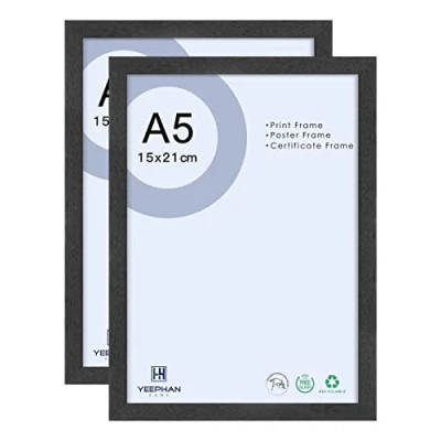 Image of 8 x 6 inch/a5 Black Picture Frame 21x15cm Photo Made of Solid Wood with Perspex Front for Home Décor Wall Display,Freestanding and Mountable,2 Pack