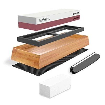 Image of Meiyijia Sharpening Stone, Premium Whetstone Waterstone Knife Sharpener Kit, Non Slip Bamboo Base,2 Side Grit