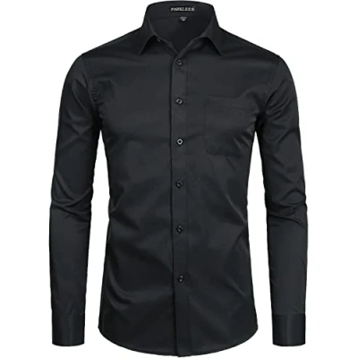 Image of PARKLEES Men&#039;s Long Sleeve Dress Shirt Solid Slim Fit Casual Business Formal Button Up Shirts with Pocket Black XXL