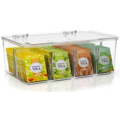 Image of KICHLY Plastic Tea Bag Holder (Pack of 1) Box Organizer With Lid 8 Compartments for Kitchen Countertops, Cabinets, Pantry (Clear)