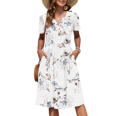 Image of AUSELILY Women&#039;s Summer Short Sleeve Midi Dresses V Neck Empire Button Knee Length Dress with Pockets Floral White XXL