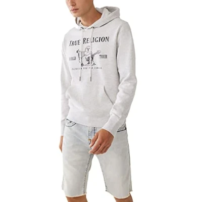 Image of True Religion Men&#039;s Buddha Fleece Hoody Hooded Sweatshirt, Oatmeal Heather/Metallic Blk, M
