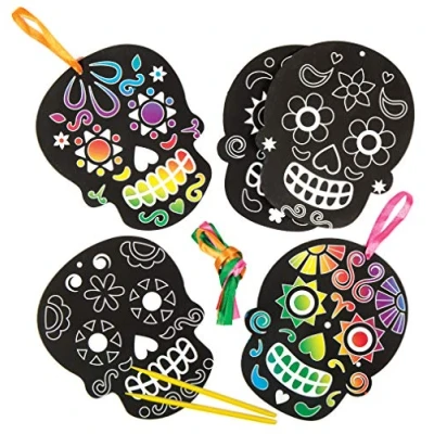 Image of Baker Ross AG995 Day of The Dead Scratch Art (Pack 6), Perfect for Children to Design and Decorate, Ideal Home Activities, Craft Group Tasks School Work, Assorted