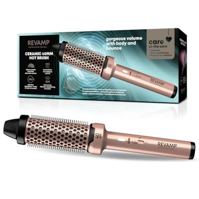 Image of REVAMP Ceramic Hot Brush Styler 40 mm Round Barrel Hair Curling Brush, Ionic Technology, Progloss Oils for Volumising Body, Bounce, Waves, and Curl Fast Heat, Snag Free Styling Whilst Blow Drying