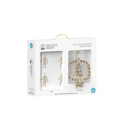Image of Matchstick Monkey, Antimicrobial Teether &amp; Muslin Gift Set 1 Animal Teether, Soft 100% Organic Cotton Gigi Giraffe