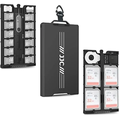 Image of JJC Pop up Metal Memory Card Case Holder Ultra Silm for 12 Micro SD TF MSD + 4 2 Nano SIM with Carabiner Flathead Tool Adapter Remove &amp; Mini Ruler Black