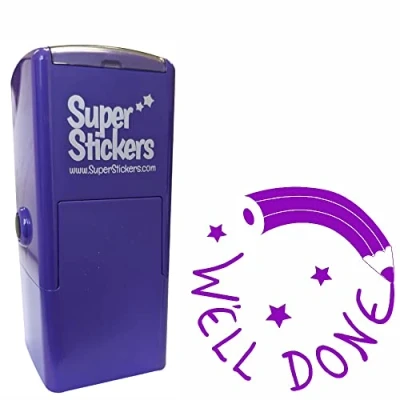Image of Teacher Stamp, Education Marking Reward Stamps for School Well Done Pencil Design, Impression Size Approx. 23x23 mm, Violet Ink