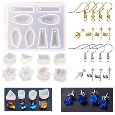 Image of Woohome 36 PCS Stud Earring Mold Tool Included 9 Silicone Resin Mould, 20 and 8 Ear Hook, Jewelry Casting Moulds Clear Tiny for DIY Craft Making