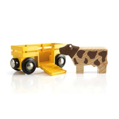 Image of BRIO World Farm Cow &amp; Wagon Train for Kids Age 3 Years Up Wooden Railway Accessories and Add Ons