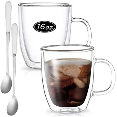 Image of Wwyybfk Double Wall Glass Coffee Mugs, 16oz Insulated Espresso Mugs Cups with Handle Lid (Set of 2) for Cappuccino, Latte, Tea (455ml)