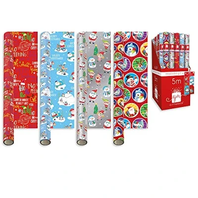 Image of 8 X 5M ROLLS CHRISTMAS XMAS WRAPPING PAPER ASSORTED DESIGNS ASOS SANTA BELL TREES STOCKING RUDOLPH PENGUIN TRADITIONAL