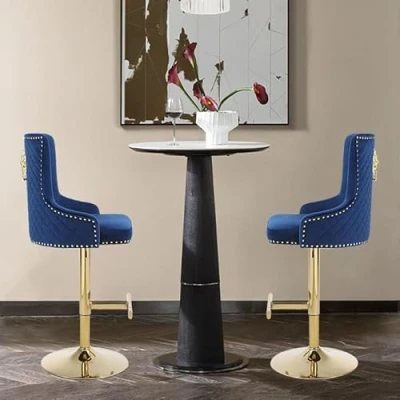 Image of HYGRAD BUILT TO SURVIVE Velvet Upholstery 360 Degree Swivel Breakfast High Bar Home Kitchen Pub Stools Chair Seat With Gas Lift &amp; Metal Base (2, Dark Blue)