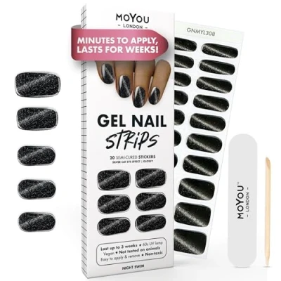 Image of MOYOU LONDON Semi Cured Gel Nail Strips 20 Pcs. Wraps for Salon Quality Manicure Works with Any UV Lamp Easy to Apply, Trim, &amp; Remove Stickers