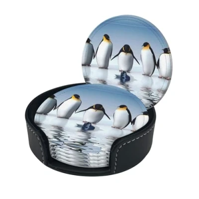 Image of Penguin Print Round Leather Coasters Set Of 6, Ultra Fiber Pu