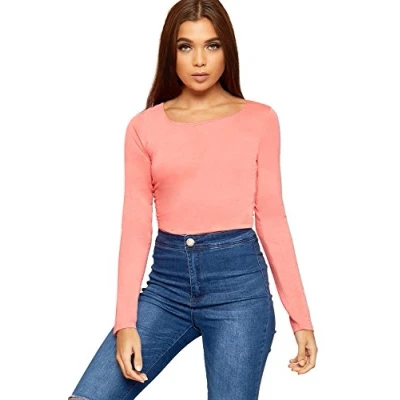 Image of Womens Plain Long Sleeve T Shirt Ladies Cropped Short Round Neck Top Coral 12/14