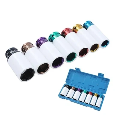 Image of TOPWAY 1/2 Inch Drive Alloy Wheel Impact Deep Socket Set 17 27mm 7PCs Multicolour Extra Thin Wall Metric Protective Lug Nut Sockets, Chrome Vanadium Steel, Auto Repairing Garage Tool