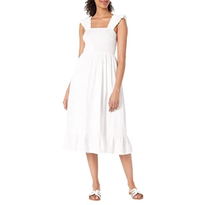 Image of The Drop Women&#039;s Kimi Ruffled Shoulder Smocked Midi Dress, White, XXS
