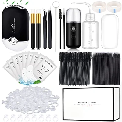 Image of Eyelash Extension Supplies USB Air Conditioning Blower Facial Mister Lash Tweezers Mirror Mascara Brush Shampoo Bottle Silicone Pad Glue Rings Under Eye Gel Pads Micro Applicators Tapes