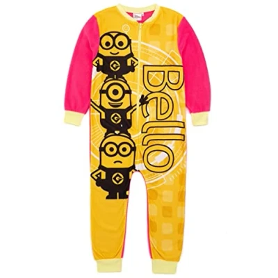 Image of MINIONS Girls Onesie In Yellow Kids All One Fleece Jumpsuit Loungewear Pyjamas Bello Fun Character Bodysuit PJs Cosy Overall Romper Nightwear Pajama Merchandise Gift for Children