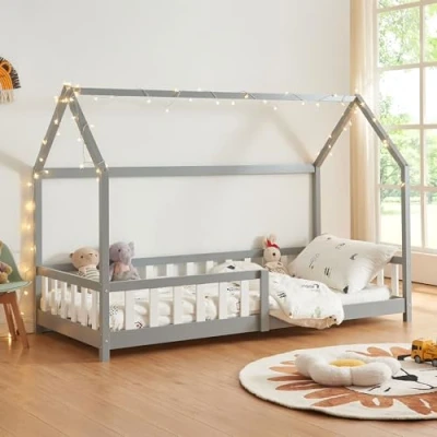 Image of [en.casa] Children&#039;s bed Hesel House Grey 90 x 200 cm with fall out protection and slatted frame Floor Youth Wooden