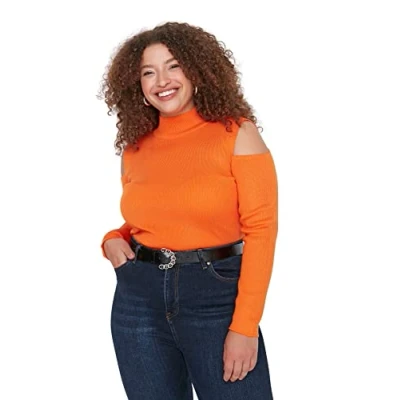 Image of Trendyol Women&#039;s Turtleneck Plain Regular Plus Size Sweater Sweatshirt, Orange, 5XL
