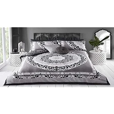 Image of Sleepdown Duvet Cover Set Paisley Mandala Geometric Abstract Reversible Quilt Easy Care Bed Linen Soft Cosy Bedding Sets with Pillowcase Black Grey Single (135 cm x 220 cm)