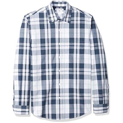 Image of Amazon Essentials Men&#039;s Slim Fit Long Sleeve Poplin Shirt, Navy White Large Plaid, XL