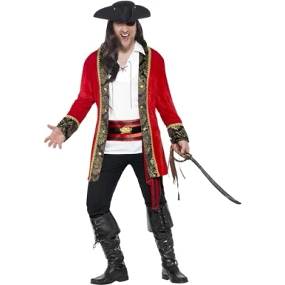 Image of Smiffys Curves Pirate Captain Costume, Red with Jacket, Shirt &amp; Waist Sash, Fancy Dress, Dress Up Costumes