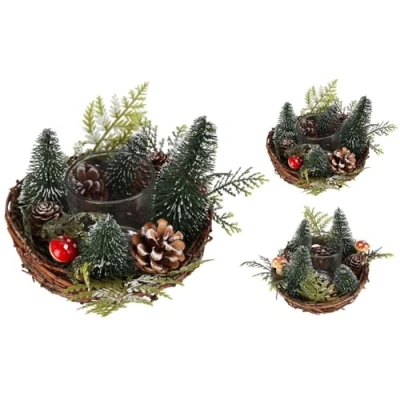Image of Carousel Home Christmas Tree Tealight Candle Holder Toadstool &amp; Pinecone Table Centrepiece Decorations Wreath Tea Light For Dining 12cm