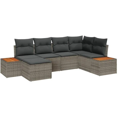 Image of vidaXL 6 Piece Garden Sofa Set with Cushions Grey Poly Rattan Acacia