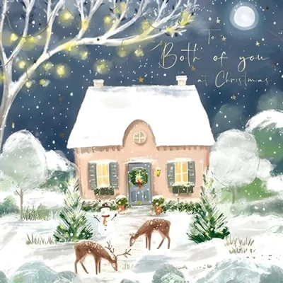 Image of Both Of You Christmas Card Deer and Snowy Cottage Artistic Festive Design Special Finish Made in the UK Eco Friendly