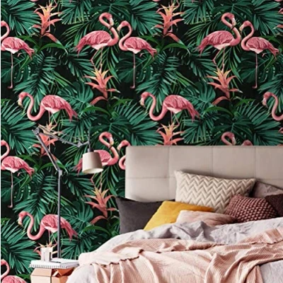 Image of Hndrkj Rustic Brick Wallpaper Vintage Flamingo 0.53M*10M Leaf Contact Paper Green/Black/Pink Living Room Bedroom Home Bathroom Decor