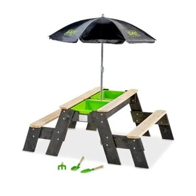 Image of EXIT Toys Aksent Picnic Table, Sand Table &amp; Water Made Out of Wood Play for Children 2 Benches, Parasol, Gardening Tools, Bins Lid 100% FSC Cedar 3.9ftx3.1ftx1.6ft