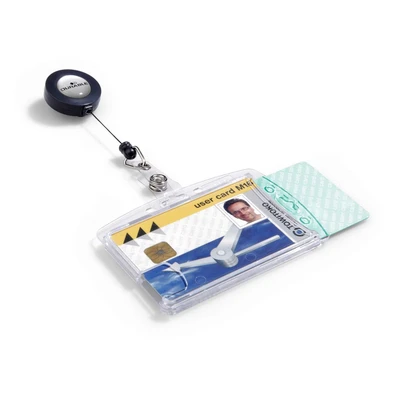 Image of Durable Enclosed Duo Security Pass Holder 54 x 85 mm with Badge Reel Transparent Holds Up to 2 ID/Security Cards Pack of 25