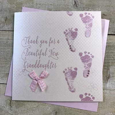 Image of WHITE COTTON CARDS Thank You for a Beautiful New Granddaughter Handmade Card Footprints WB225 BGD,16cm x 16cm